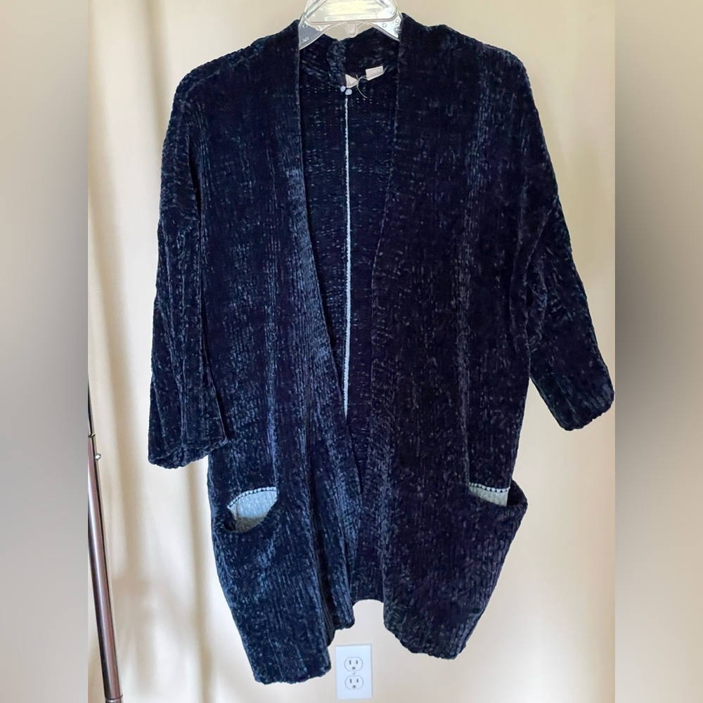 Anthropologie Moth Chenille Cardigan XS Blue Oversized Cozy Soft Open Front Swea